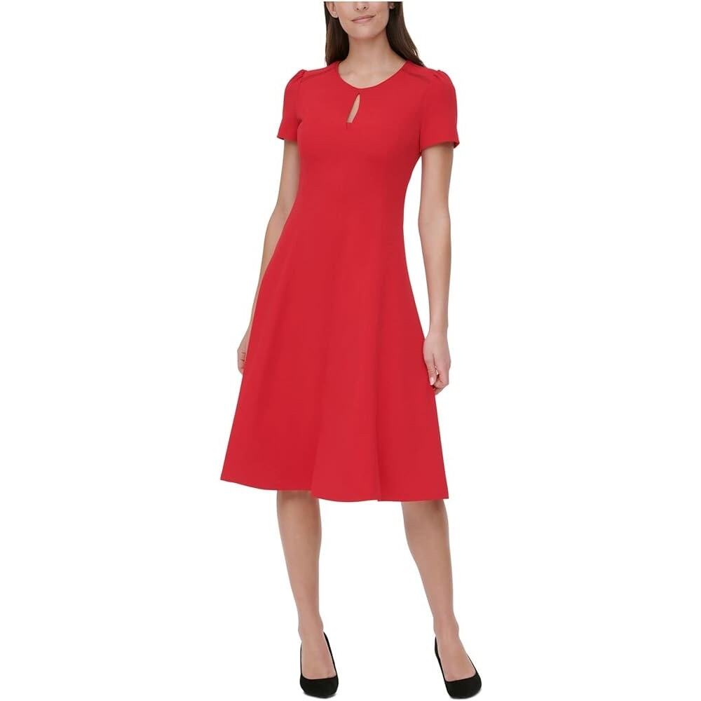 Tommy Hilfiger Red Scuba Crepe Keyhole Short Sleeve A-Line Knee Length Dress 4